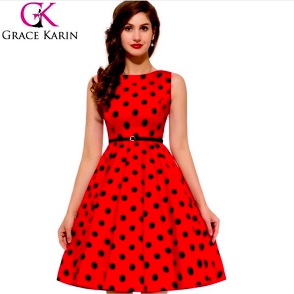 Grace Karin size L Red dress with black polka dots - Picture 4 of 7